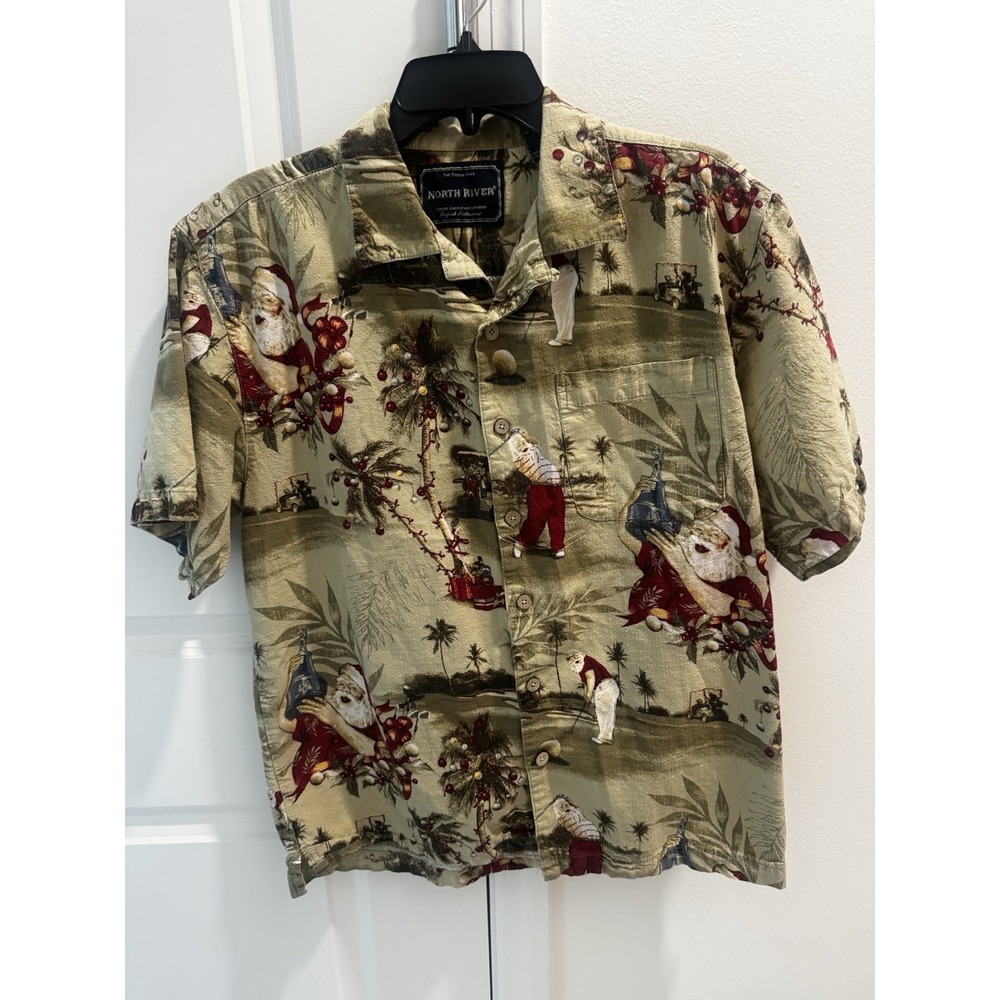 Vintage‎ North River Christmas Golf Santa Button Shirt Tropical Brown Hawaiian M
